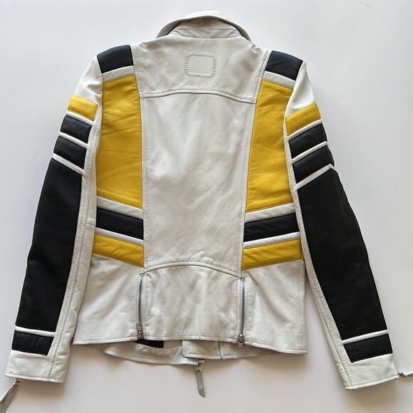 Tigha Leather Biker Jacket in White Yellow Black - Picture 9 of 16
